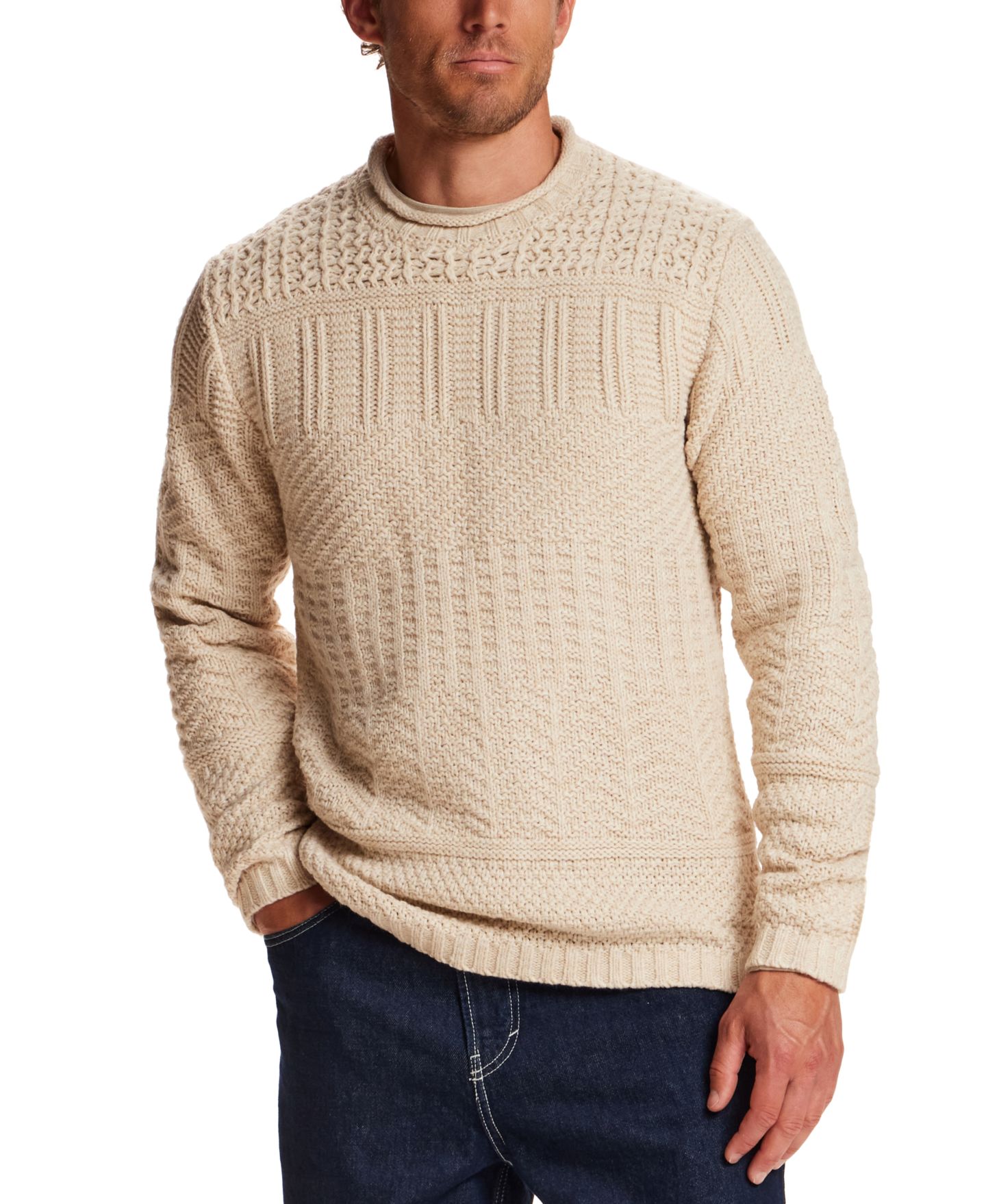 Мужской свитер Weatherproof Vintage Chunky Crew Neck Long-Sleeve Sweater, цвет: Бежевый меланжевый — фото 1