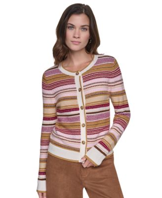 Women's Textured Variegated Stripe Crewneck Fitted Cardigan