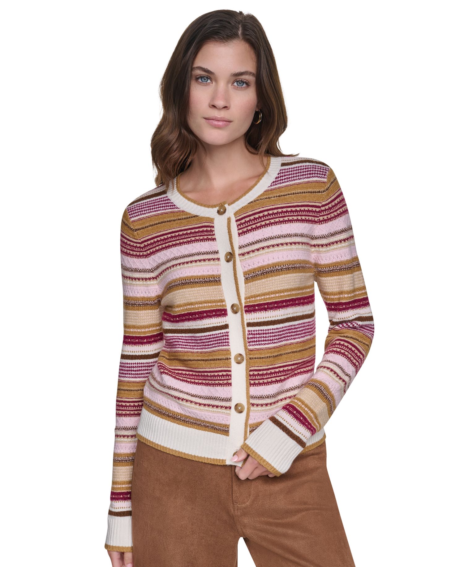 Women's Textured Variegated Stripe Crewneck Fitted Cardigan