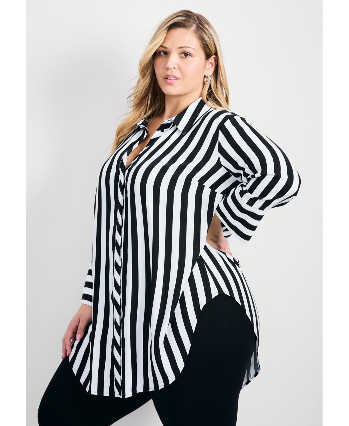 Avenue Women's Plus Size Linear Longline Stripe Shirt