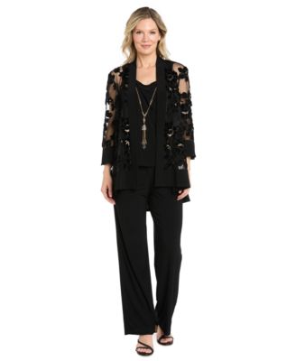 Petite Floral-Print Velvet Jacquard Burnout Jacket, Tank, and Pants, 3-Piece Set