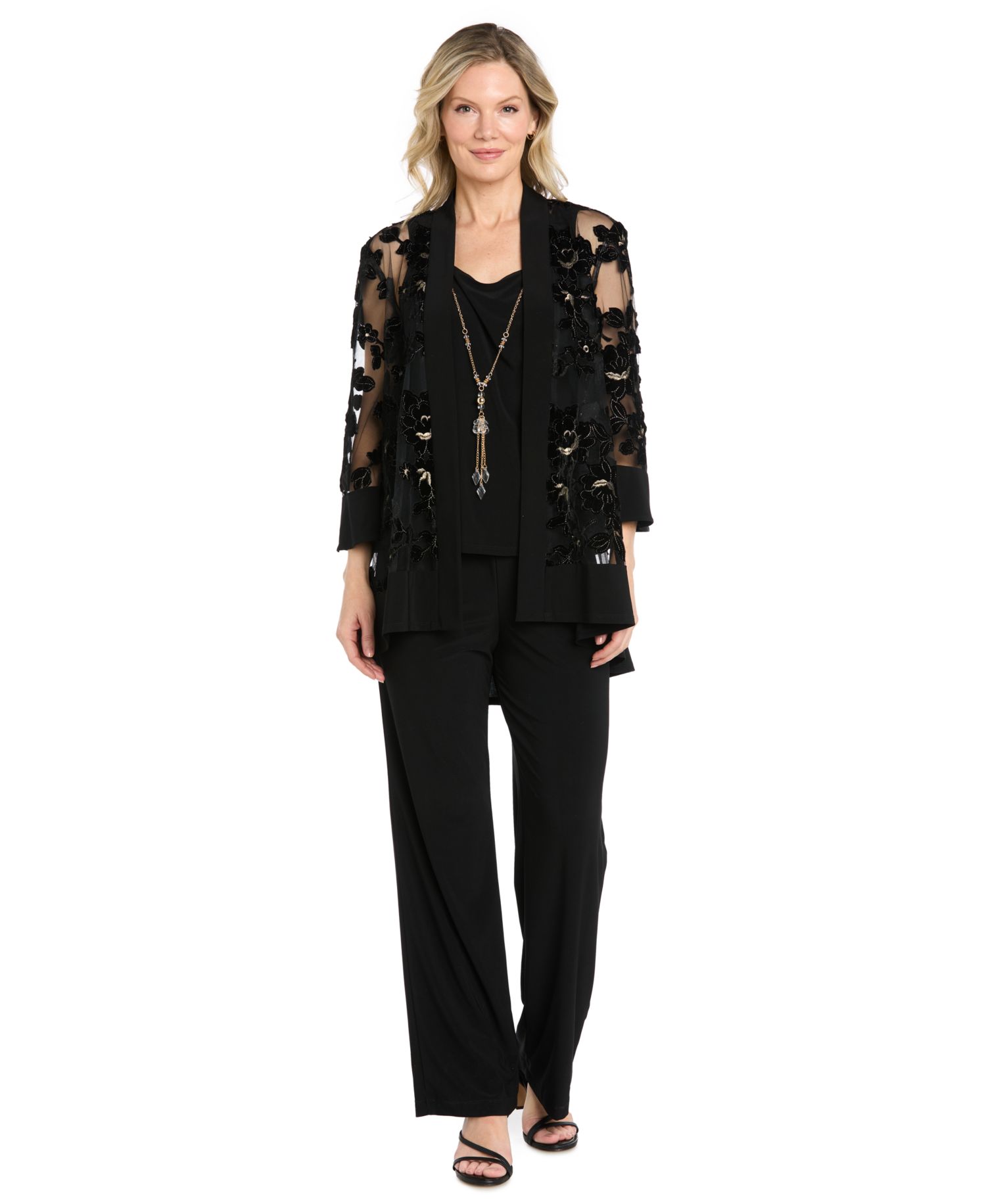 Petite Floral-Print Velvet Jacquard Burnout Jacket, Tank, and Pants, 3-Piece Set