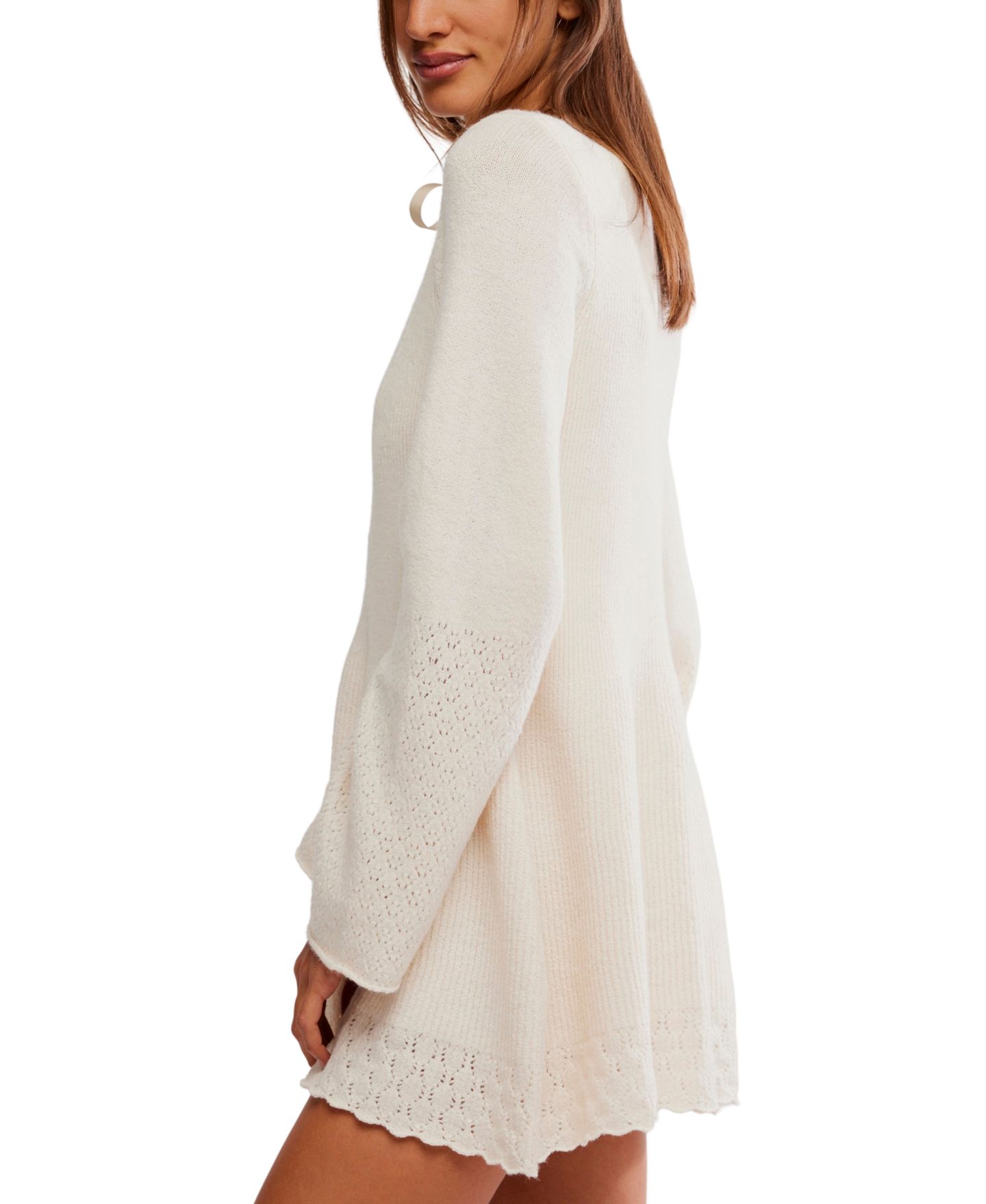 Женское платье Free People Bali Old Flame Long-Sleeve Mini Pointelle-Knit Sweater Dress, цвет: Слоновая кость — фото 3