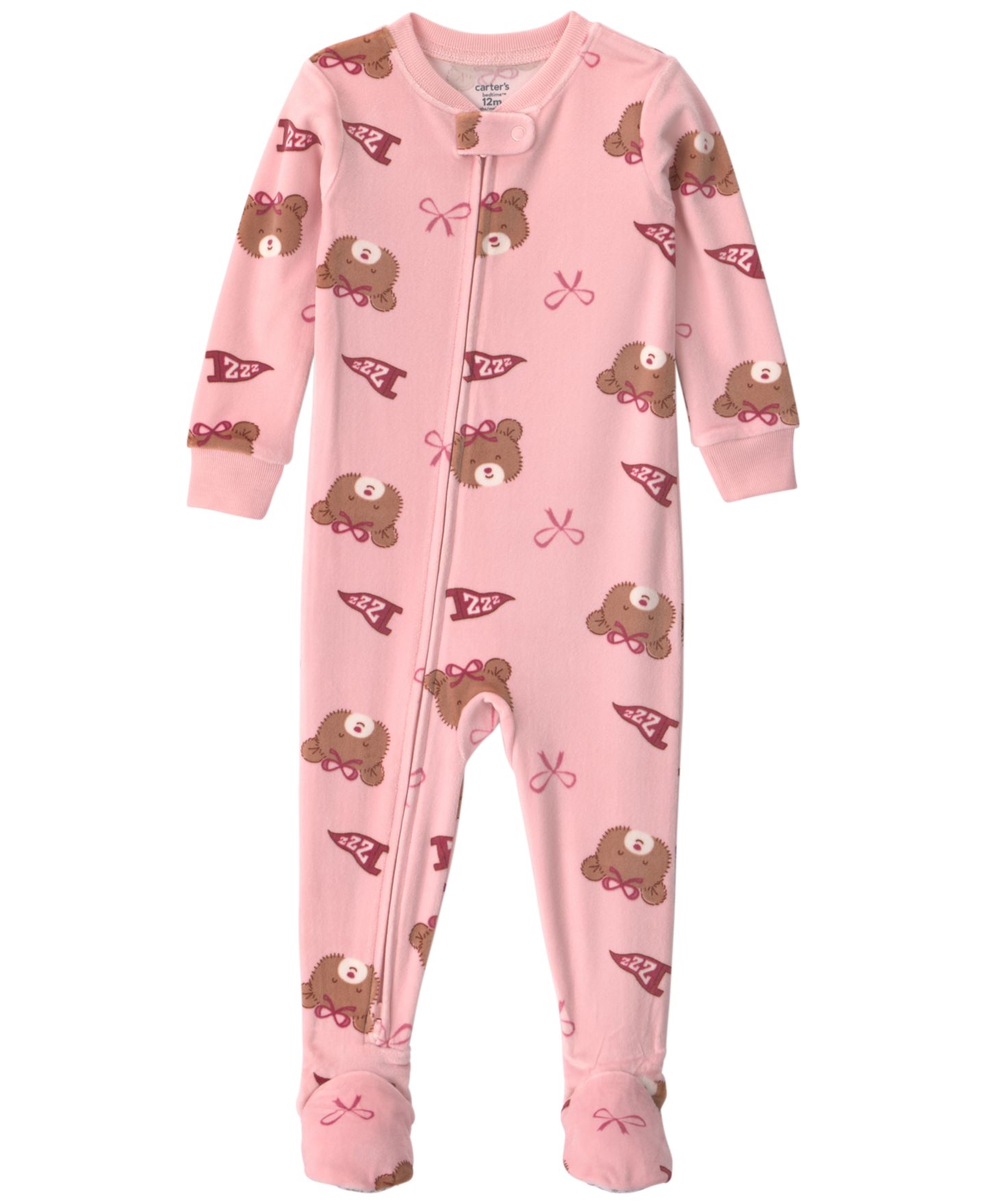 Детская облегающая пижама с ножками Carter's Bears & Bows для девочки, двусторонняя молния, цвет: Розовый — фото 1