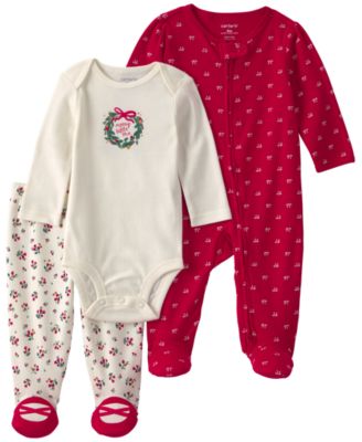 Baby Girls' Merry Little One Christmas Wreath Footie, Bodysuit, and Footed Pant, 3-Piece Set
