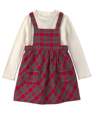 Toddler Girls' 2T-5T Long-Sleeve Top and Plaid Pinafore Dress, 2-Piece Set