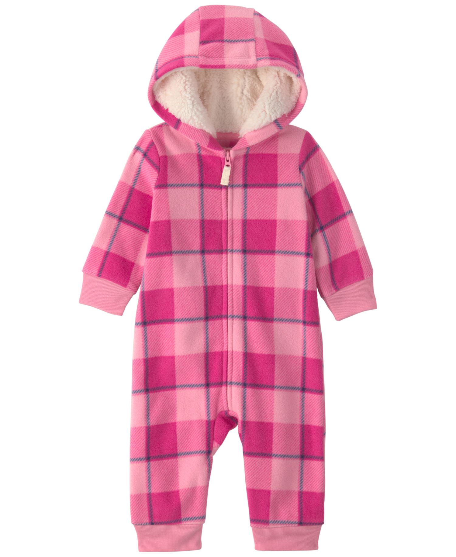 Baby Girls' Buffalo Check Fleece Zip-Up Hooded Jumpsuit