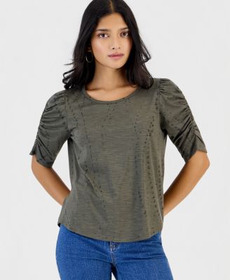 Petite Printed Ruched-Sleeve Scoop-Neck Top
