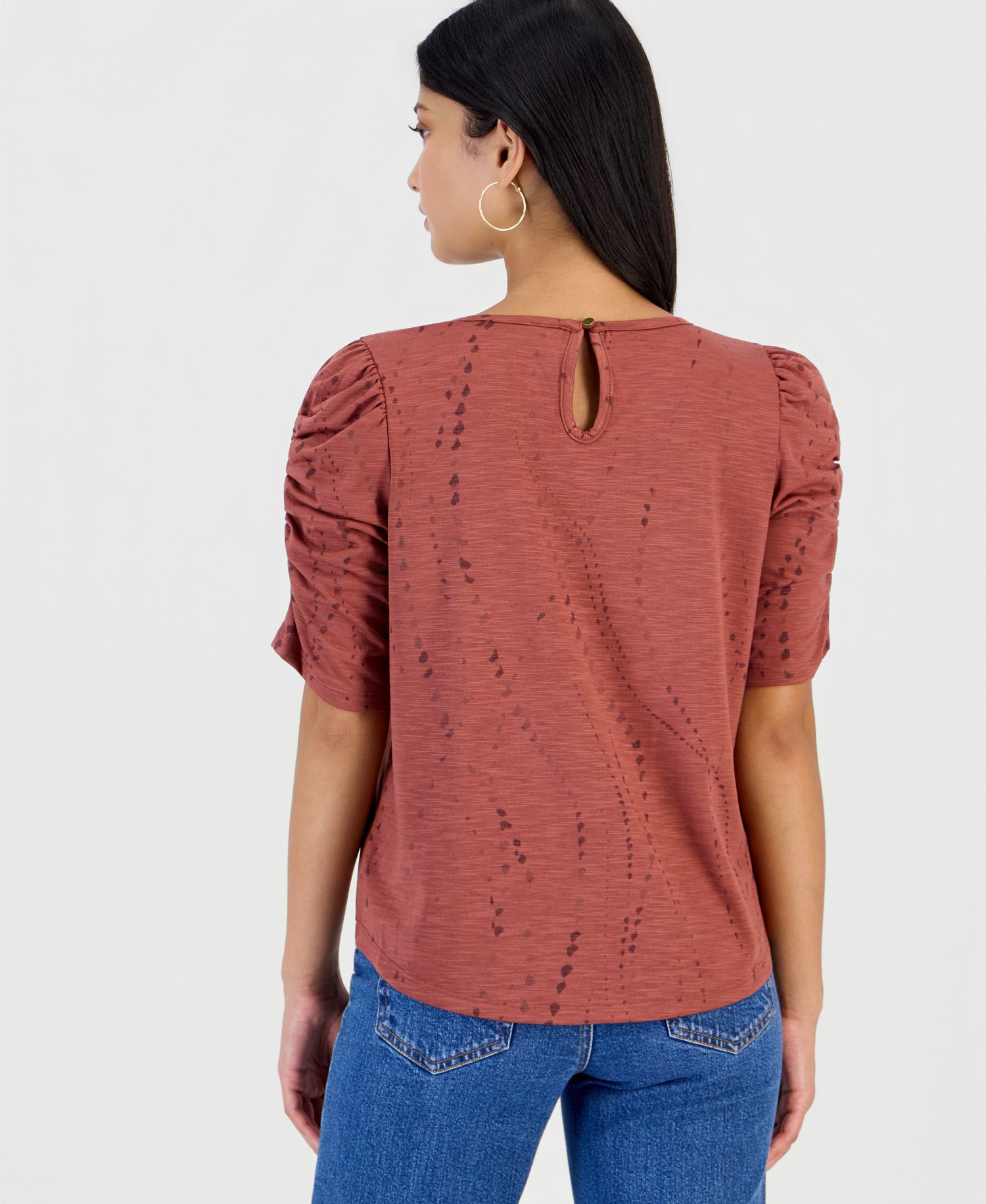 Petite Printed Ruched-Sleeve Scoop-Neck Top