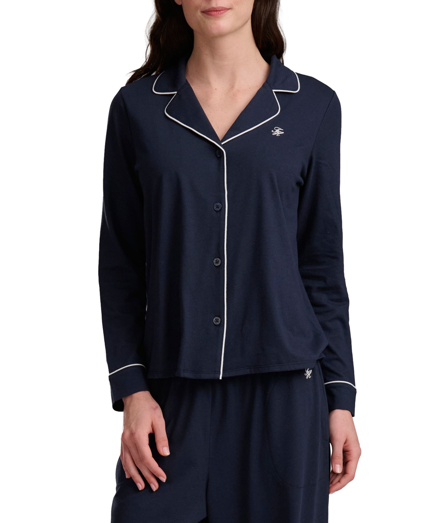 Women's Girlfriend Long-Sleeve Notch Collar Button-Up Top and Pant Pajama Set