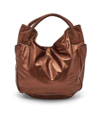 Women's Metallic Bronze Leather Braided Handle Hobo Bag