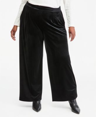 Plus Size High-Rise Pleated Wide-Leg Velvet Pants
