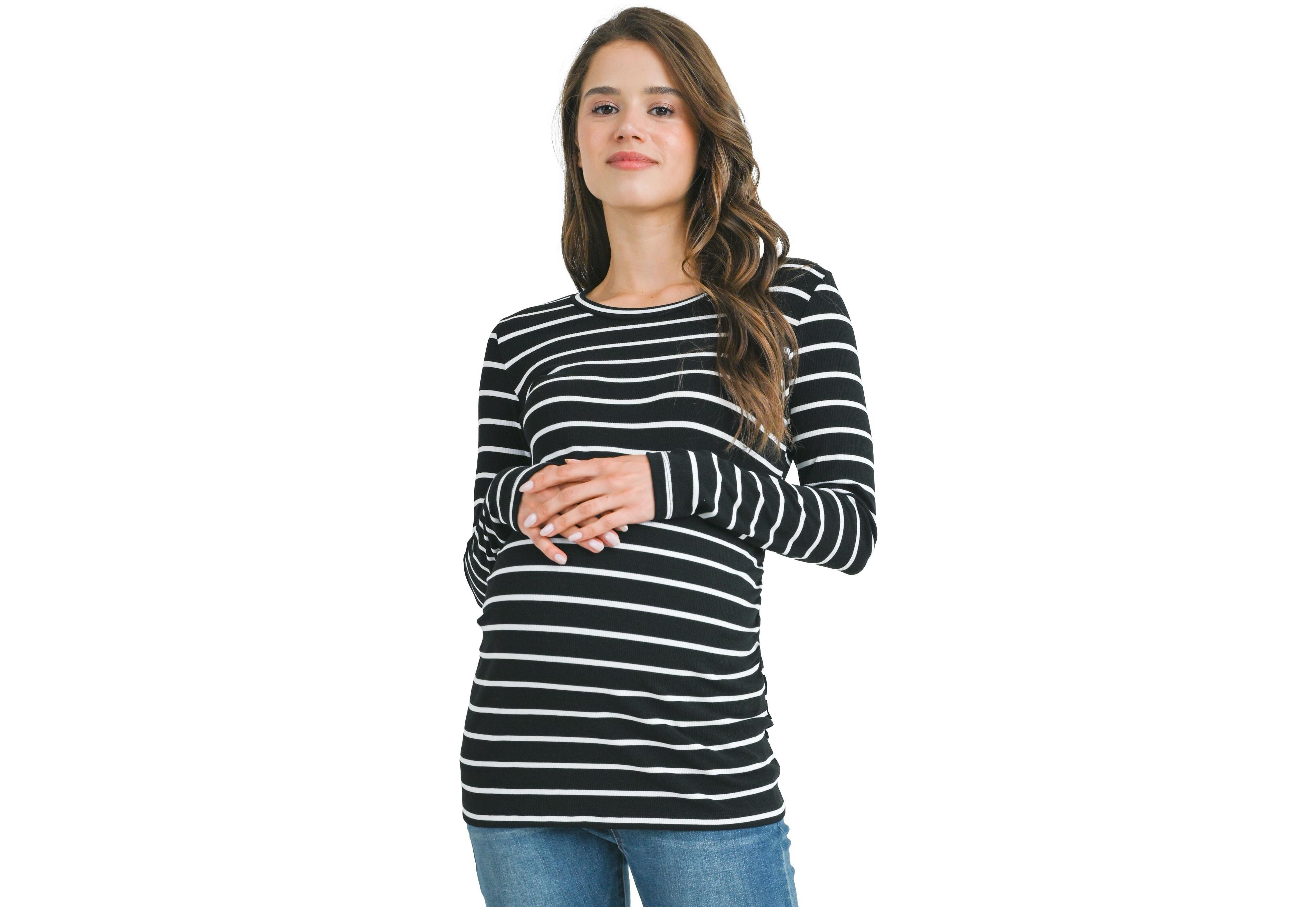 Hello Miz Maternity Ribbed Striped Long-Sleeve Scoop-Neck T-Shirt