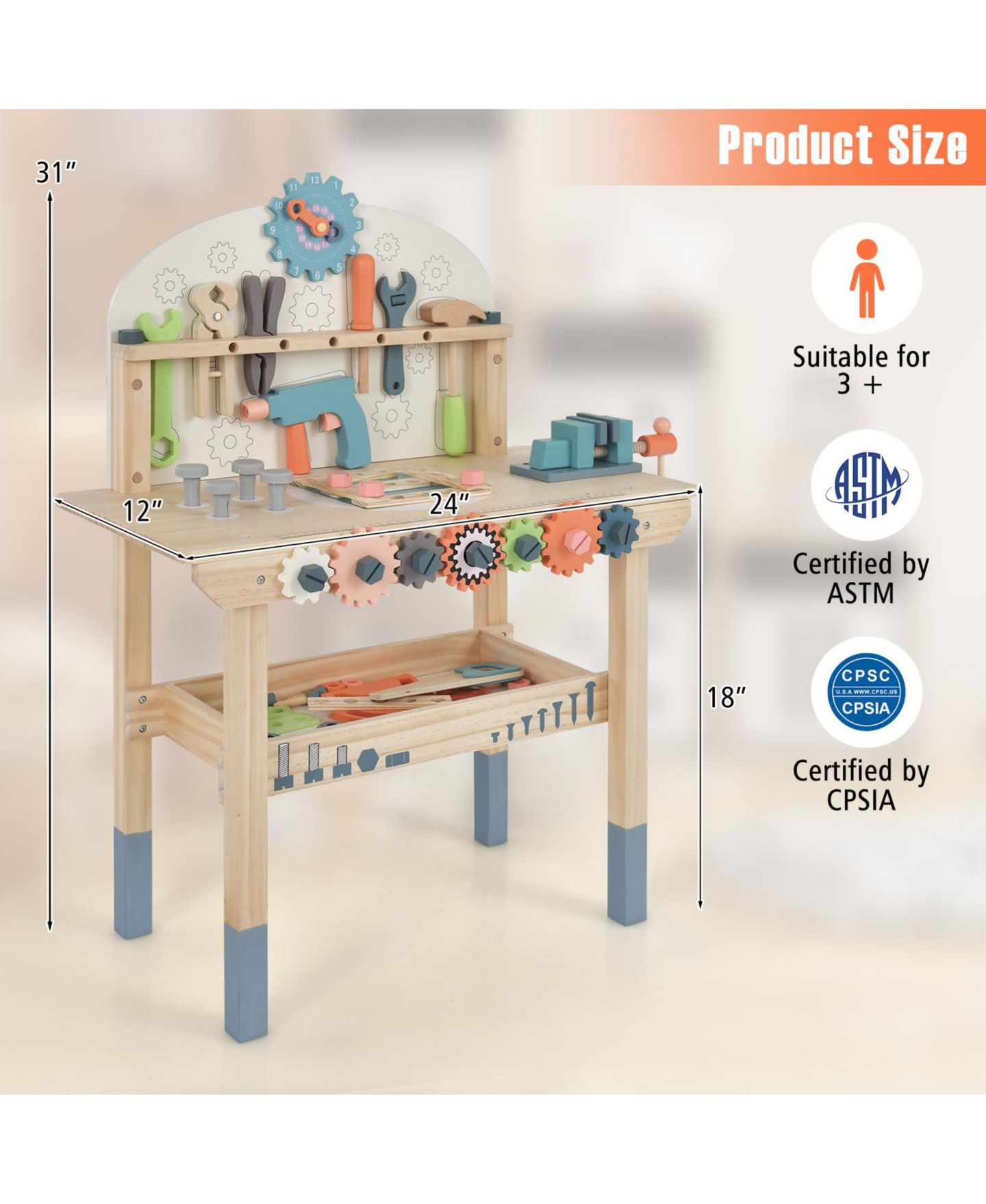 Детская игрушка Mecale Solid Pine Wood Play Tool Workbench with Storage Shelf, Ages 3+ — фото 3