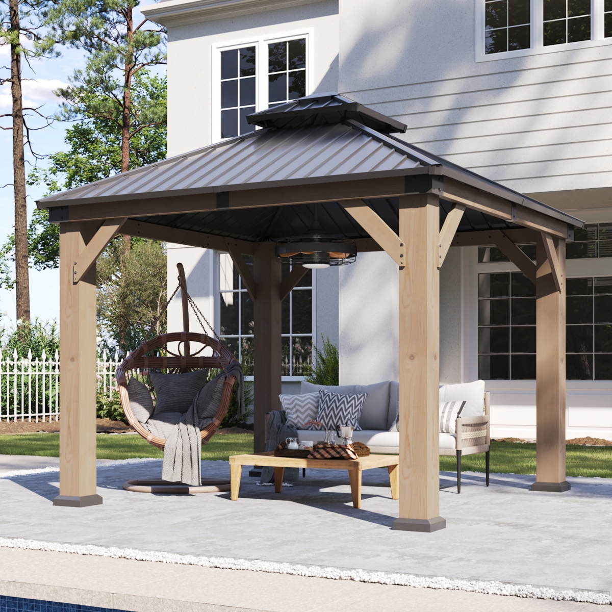 Aoxun Aluminum Hardtop Gazebo, Double Steel Roof Pavilion with Drainage System and Textilene Netting