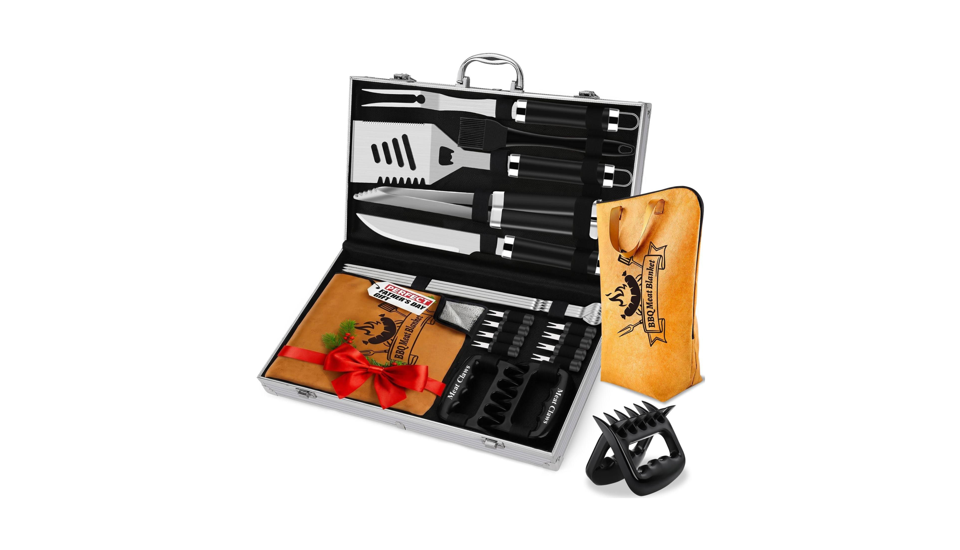 Xdovet Bbq Grill Accessories Set with Meat Blanket Father's Day Gifts for Dad Stainless Steel Tools Kit Aluminum Case Outdoor Camping