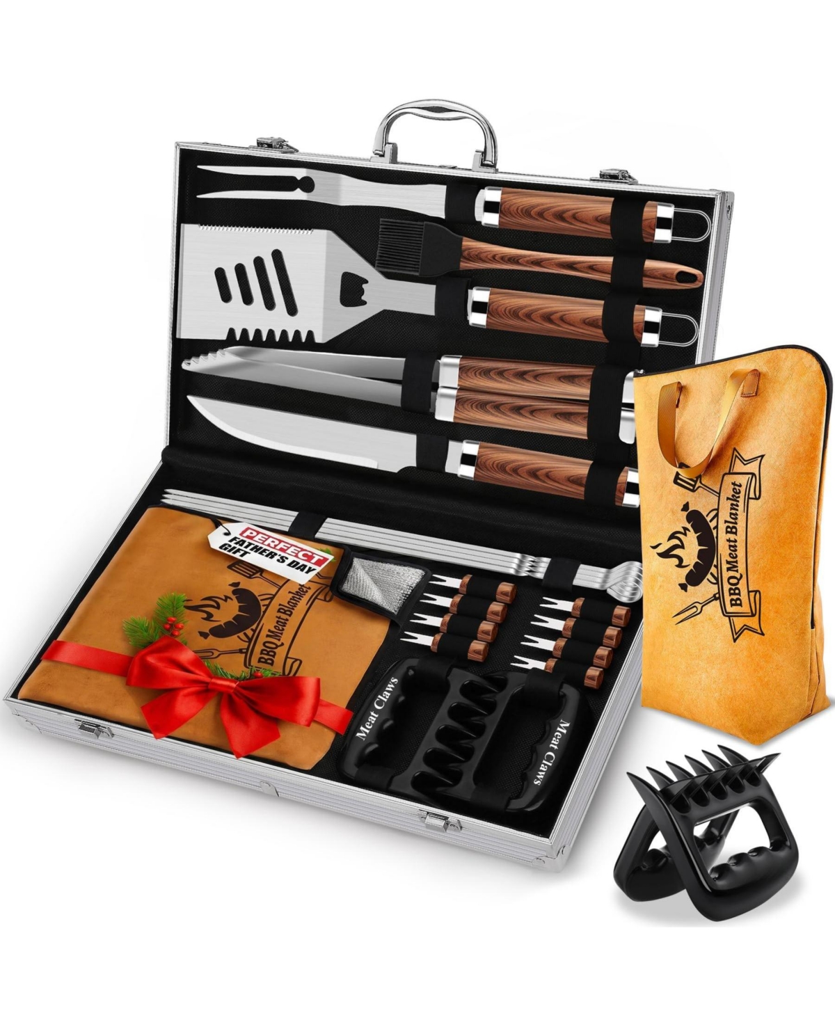Xdovet Bbq Grill Accessories Set with Meat Blanket Father's Day Gifts for Dad Stainless Steel Tools Kit in Aluminum Case for Outdoor Camping - Brown