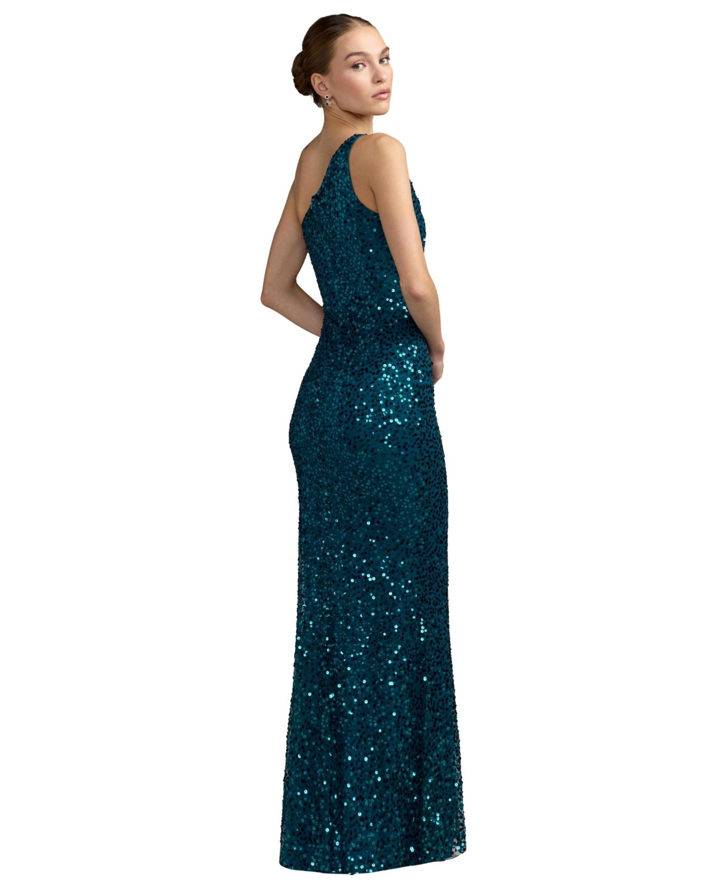 Женское платье Mac Duggal Petite One-Shoulder Floral Sequin Evening Gown, цвет: Бирюзовый — фото 2