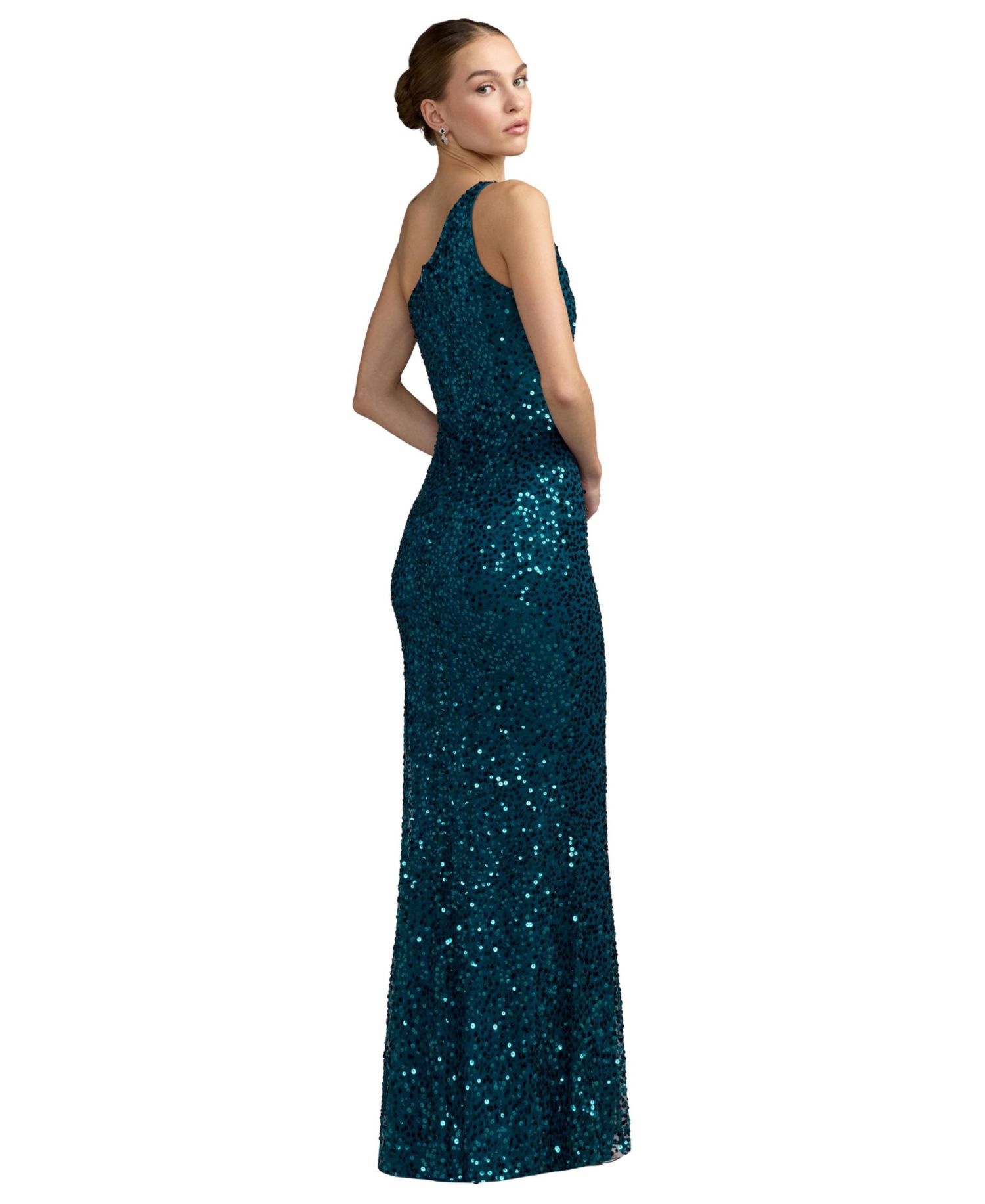 Petite One-Shoulder Floral Sequin Evening Gown