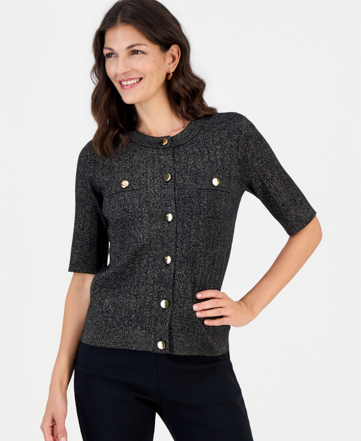 Jm Collection Women's Lurex Pointelle Short-Sleeve Cardigan, Macy's Exclusive - Deep Black