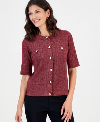 Women's Lurex Pointelle Short-Sleeve Cardigan