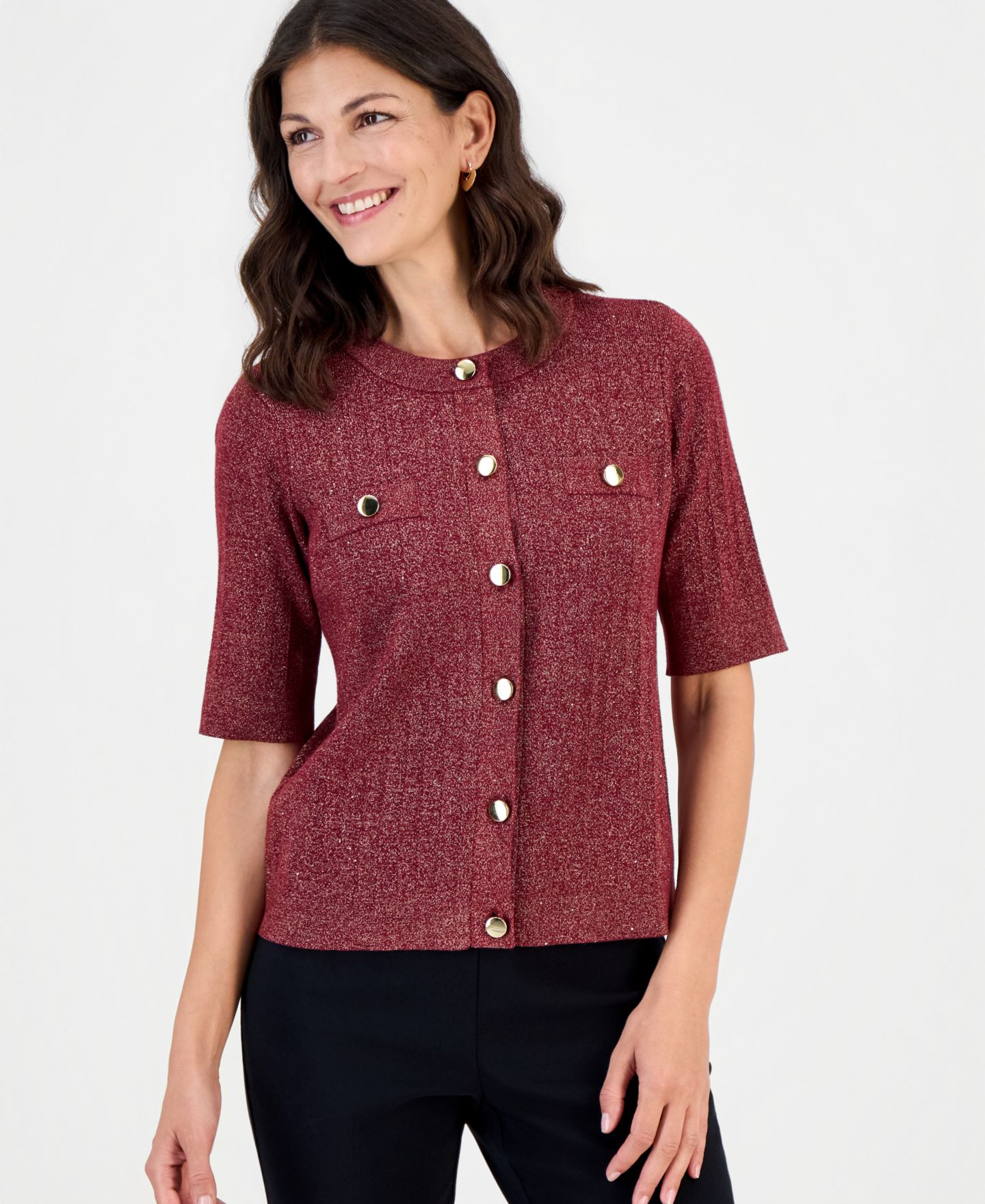 Женский кардиган JM Collection Lurex Pointelle Short-Sleeve, цвет: Вишнёвый — фото 1