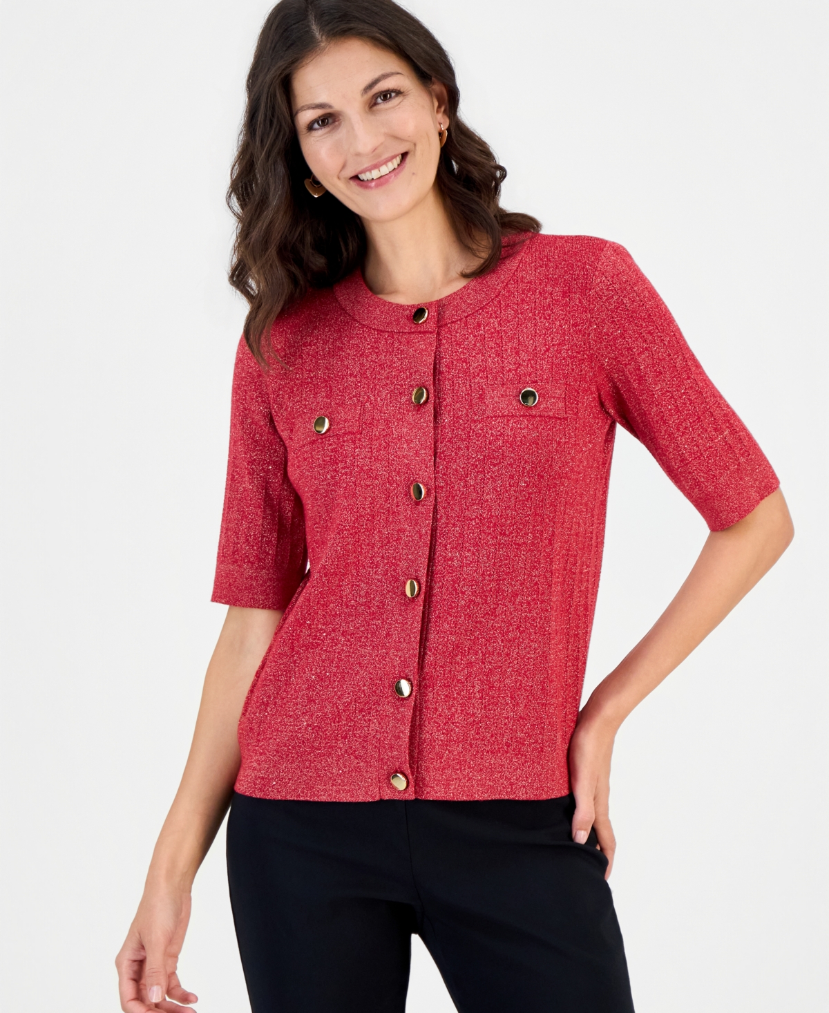 Jm Collection Women's Lurex Pointelle Short-Sleeve Cardigan, Macy's Exclusive - Real Red