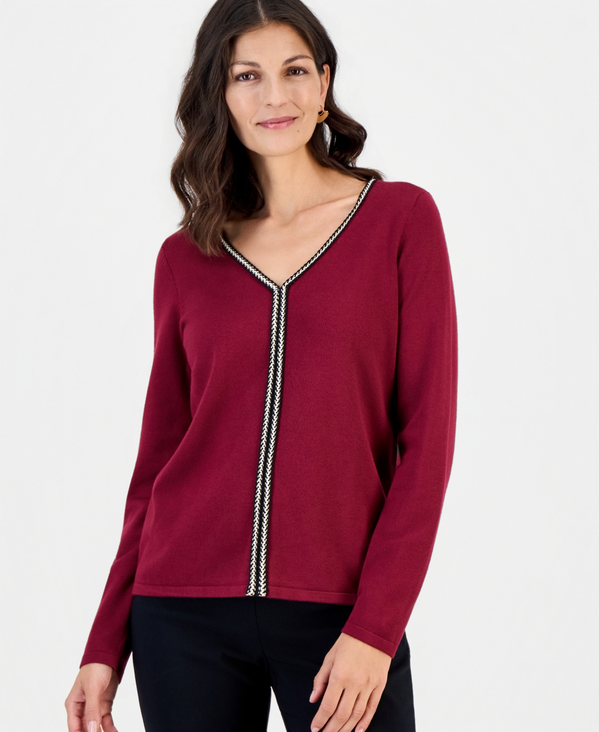 Jm Collection Women's Braided Lurex Trim V-Neck Long-Sleeve Pullover, Macy's Exclusive - Cherry Pie
