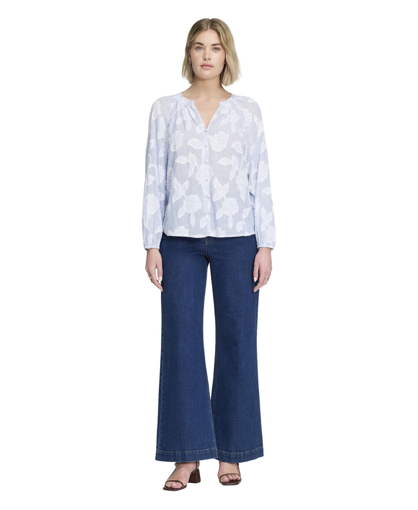 Женская блузка Finery London Ivie Floral-Print Button-Through V-Neck Long-Sleeve, цвет: Синий с принтом полосатый — фото 2