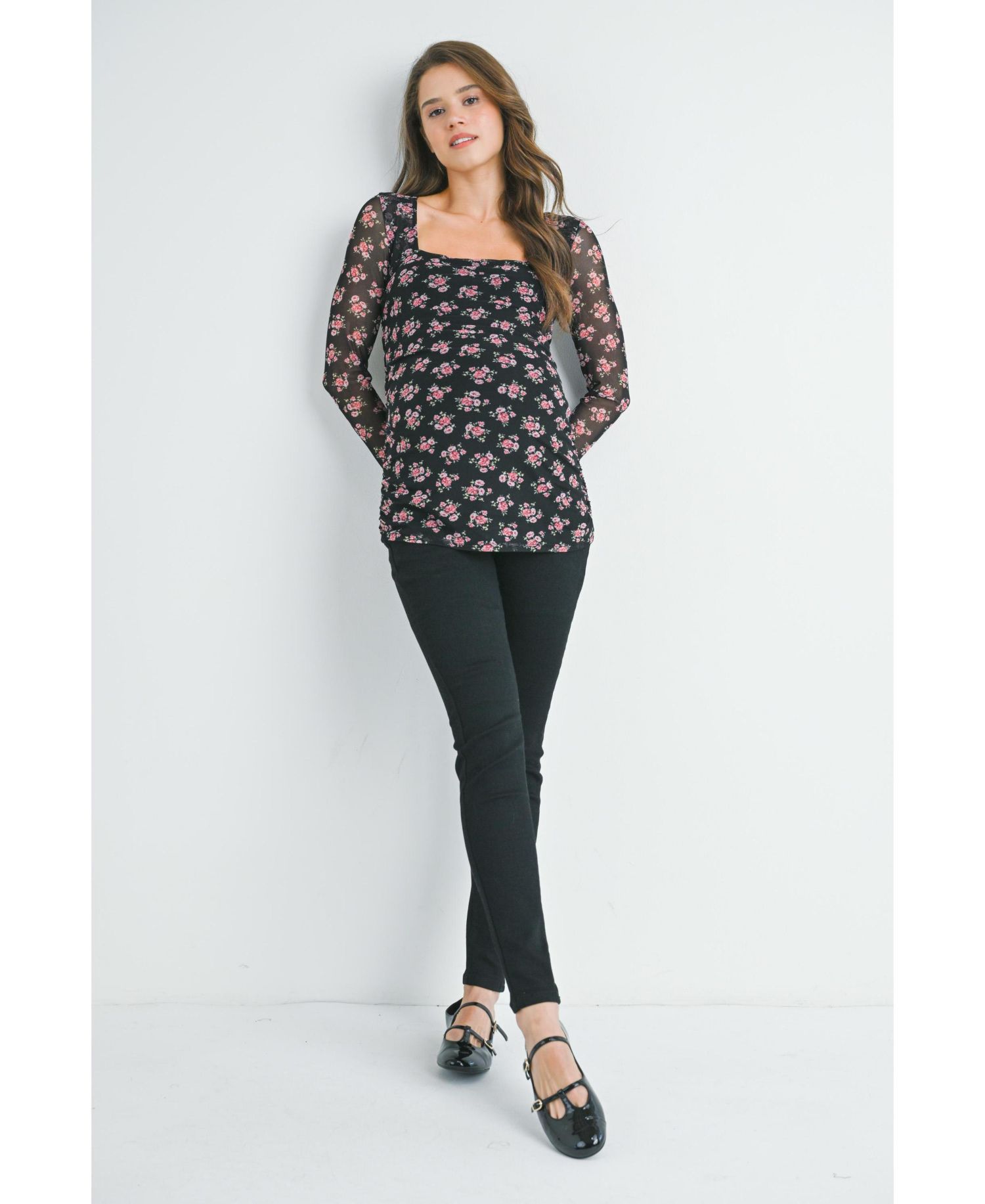 Maternity Square-Neck Floral-Mesh Top