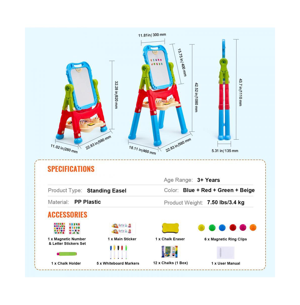 Slickblue 2 in 1 Kids Art Easel, Adjustable