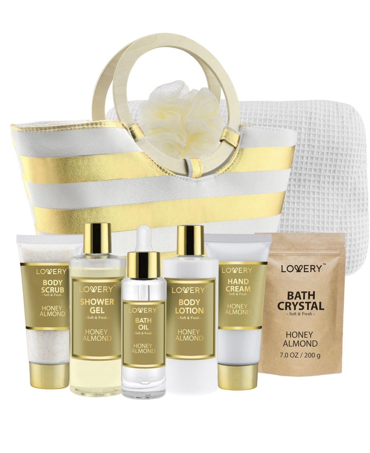 Lovery 9 Piece Honey Almond Home Spa Set, Bath and Body Care Tote Bag Gift