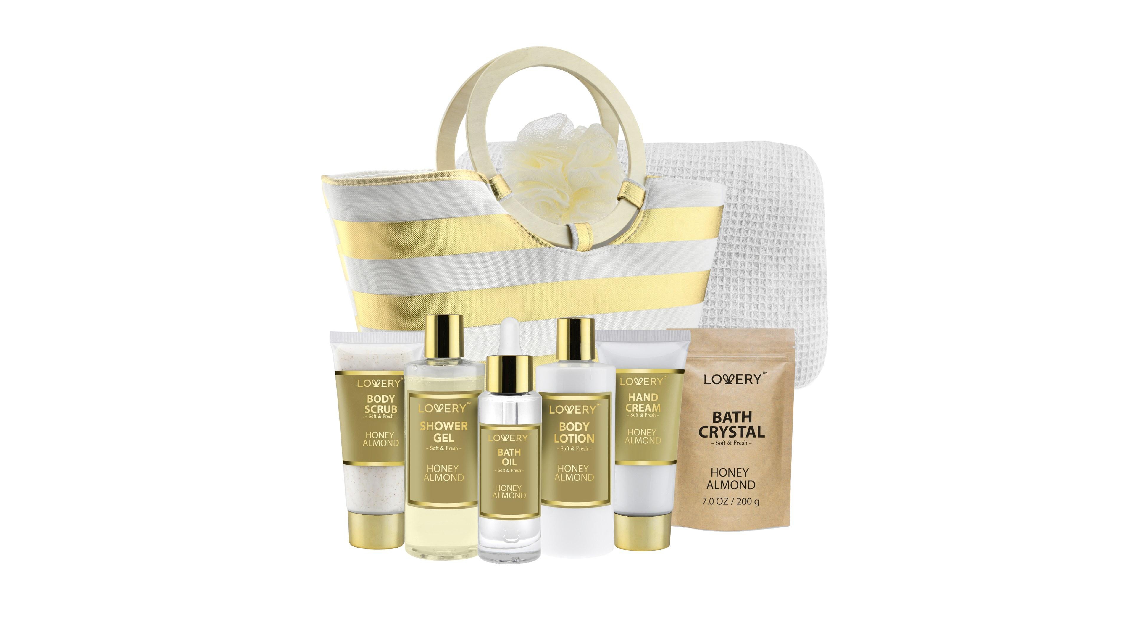 Lovery 9 Piece Honey Almond Home Spa Set, Bath and Body Care Tote Bag Gift