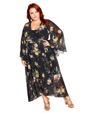 Plus Size Fleetwood Print Long-Sleeve Wrap Maxi Dress