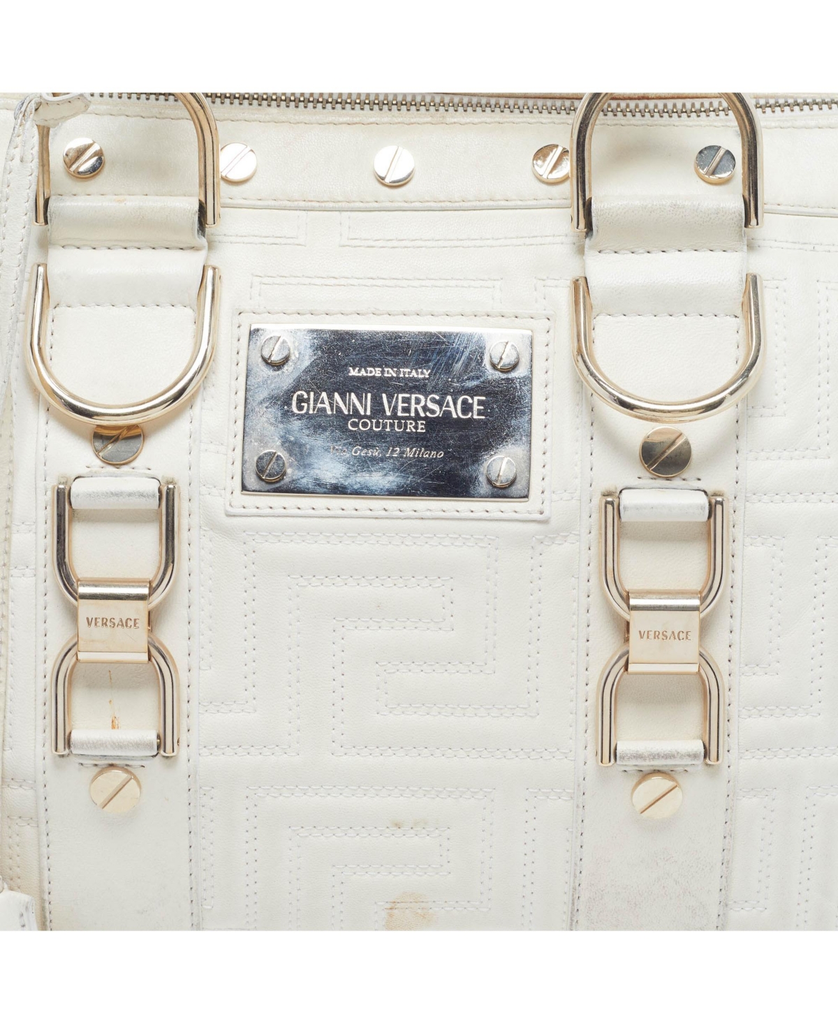 Pre-Owned Versace Women's Snap Out Of It Quilted Greca Leather Satchel