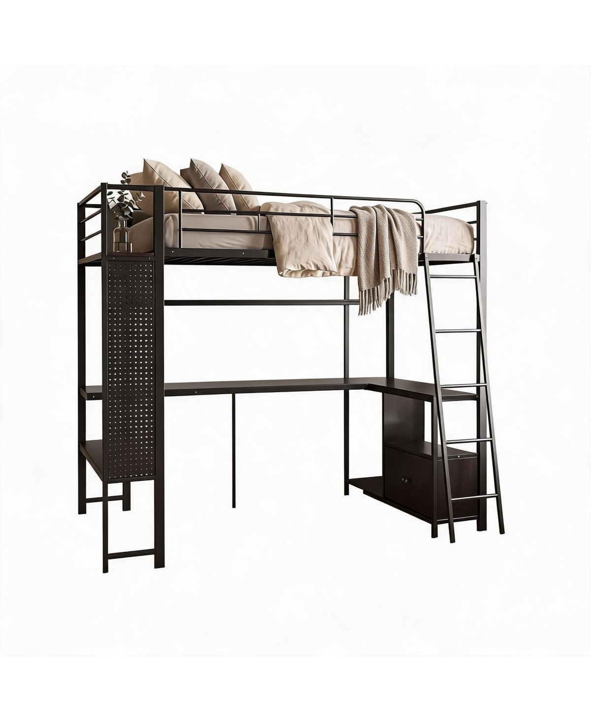 Full/Twin Size Metal Loft Bed with Desk, Storage Shelves and Charging Station
