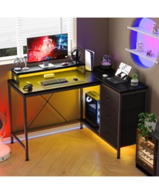 Computer Desk, Reversible L Shaped Study Gaming Desk with RGB LED Lights, Storage Drawer, Power Outlets, Monitor Stand for Home Office