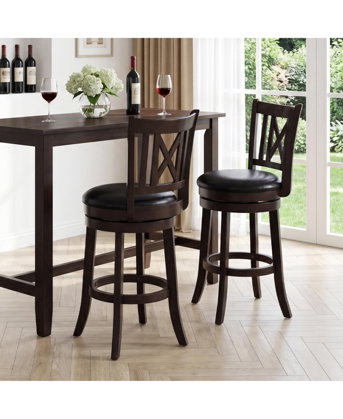 Gymax Set of 2 Bar Stools 26'' Swivel Bar Chairs with Footrest Hollowed Backrest