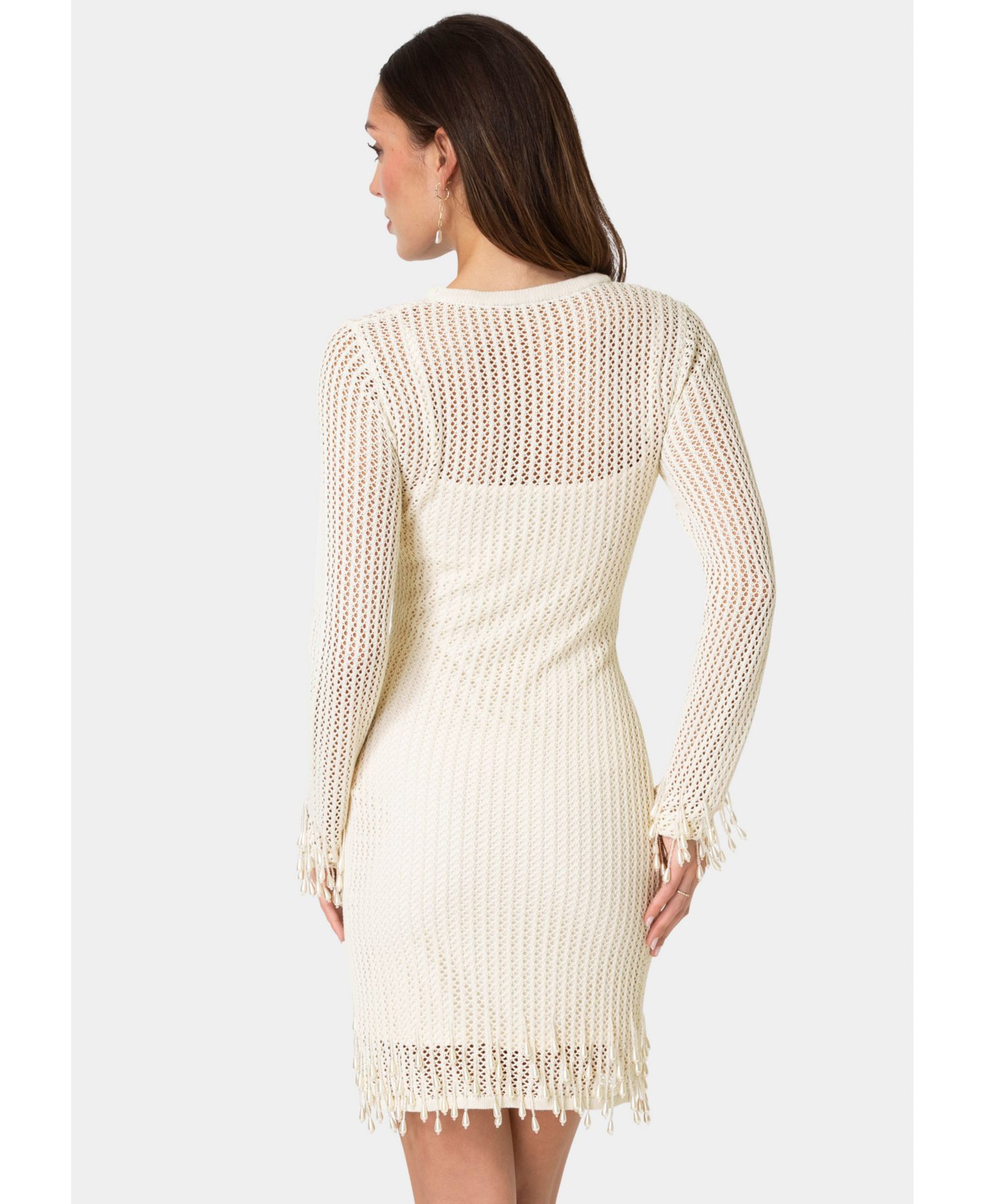 Women's Pearl Embellished Crochet Mini Long-Sleeve Dress