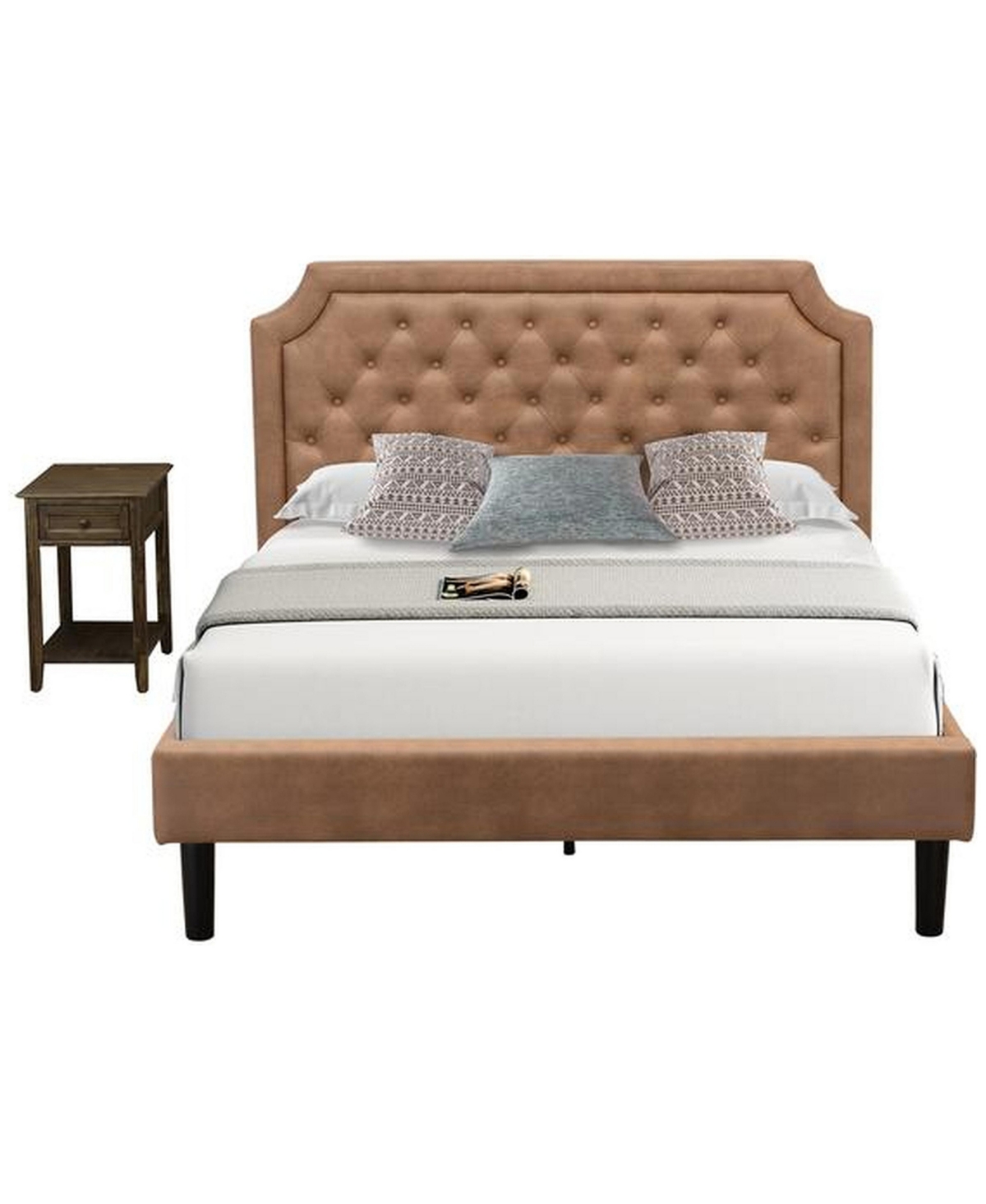 GB28Q-1DE07 Platform Bed Set with A Platform Bed & 1 Distressed Jacobean End Tables, Brown - Faux Leather & Black Legs - 2 Piece