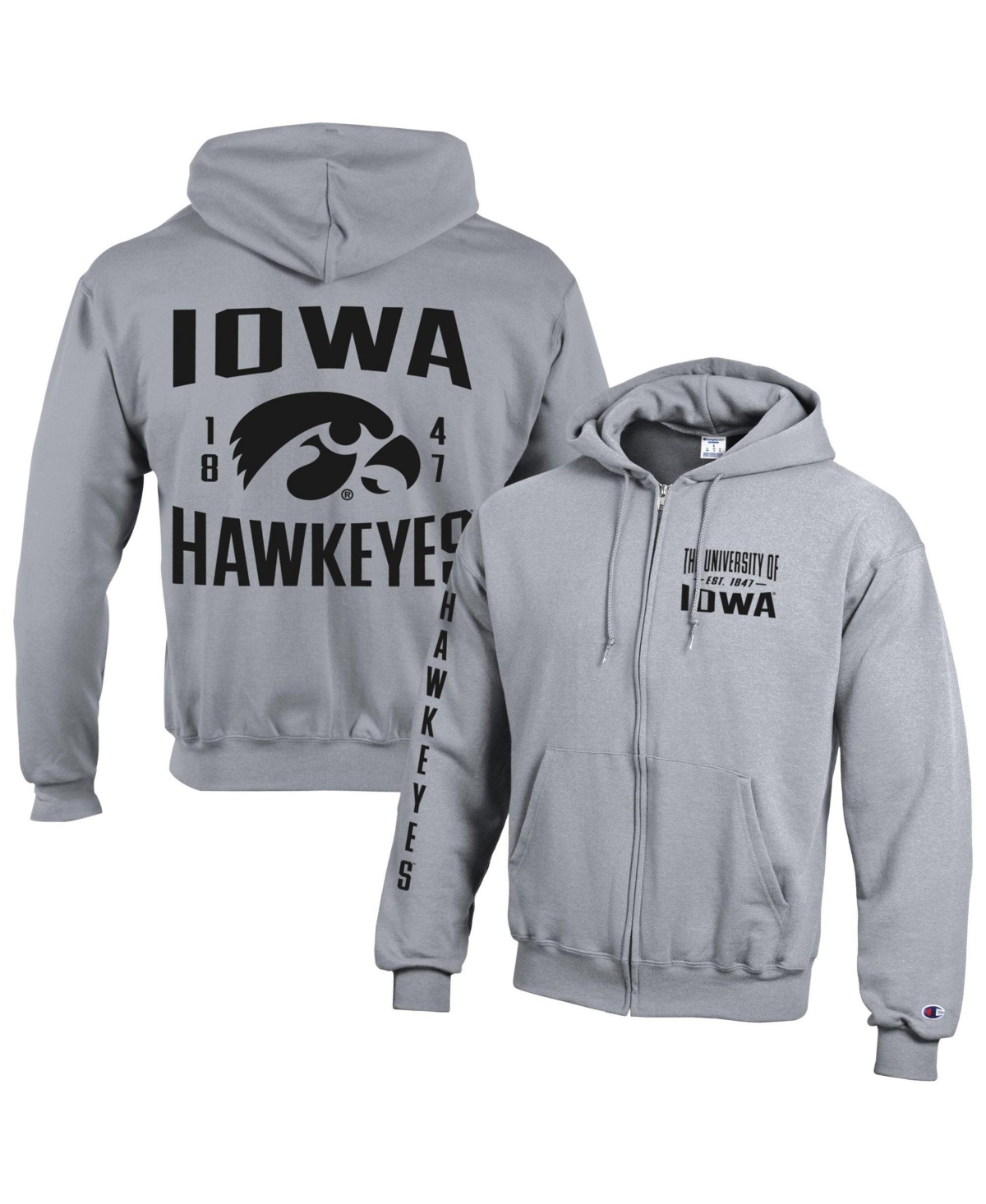 Champion Men's Heather Gray Iowa Hawkeyes Varsity Powerblend Full-Zip Fleece Hoodie