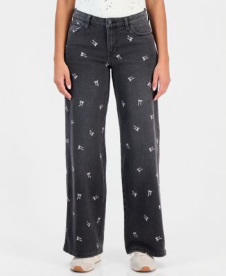 Juniors' Bow-Embroidered High-Rise Wide-Leg Jeans