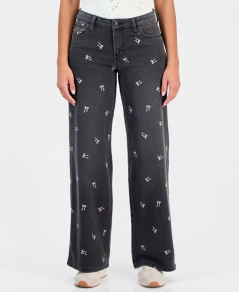Женские джинсы Celebrity Pink Juniors' Bow-Embroidered High-Rise Wide-Leg, цвет: Tecopa