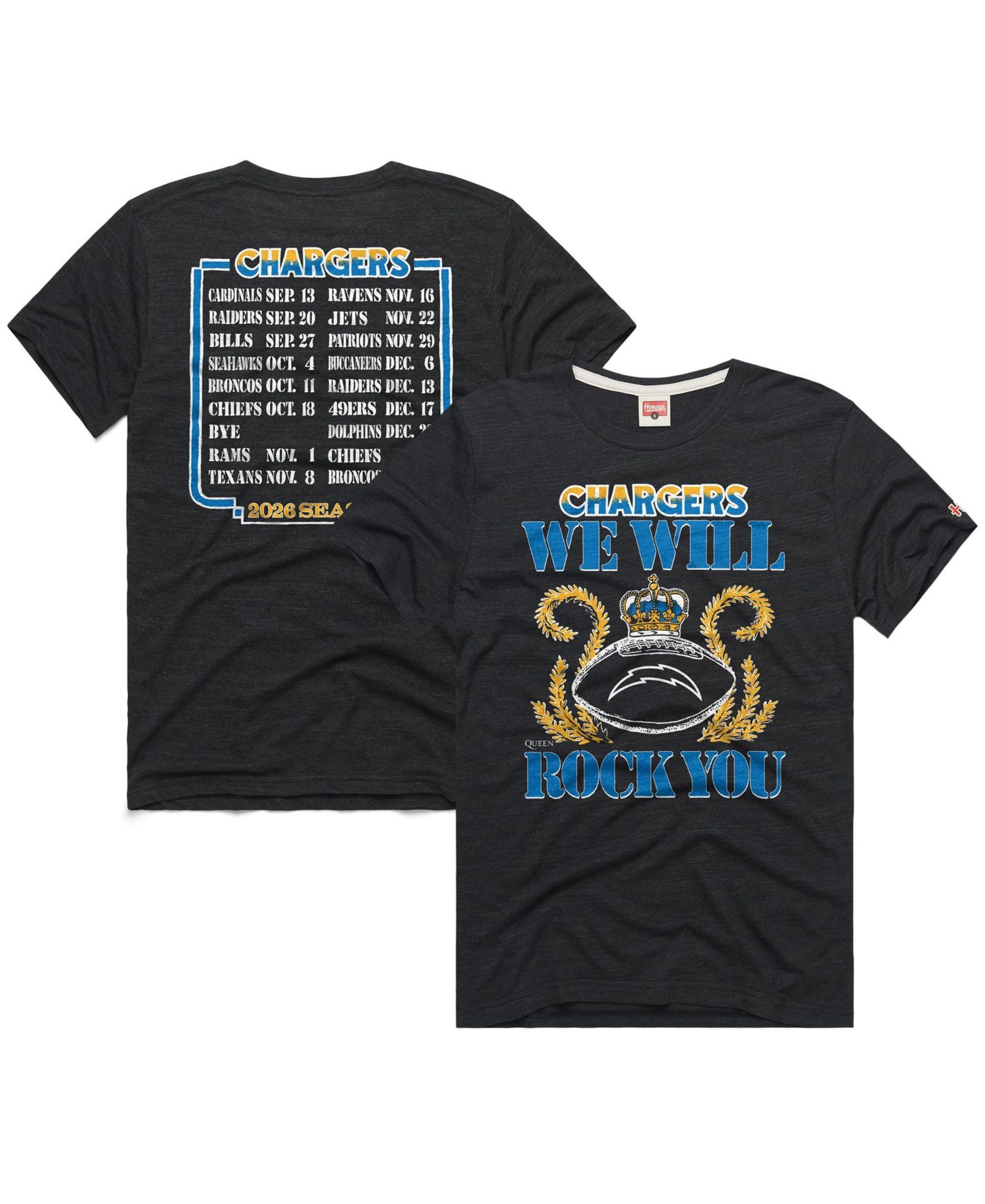 Men's and Women's Charcoal Los Angeles Chargers 2026 NFL Schedule Queen Tri-Blend T-Shirt