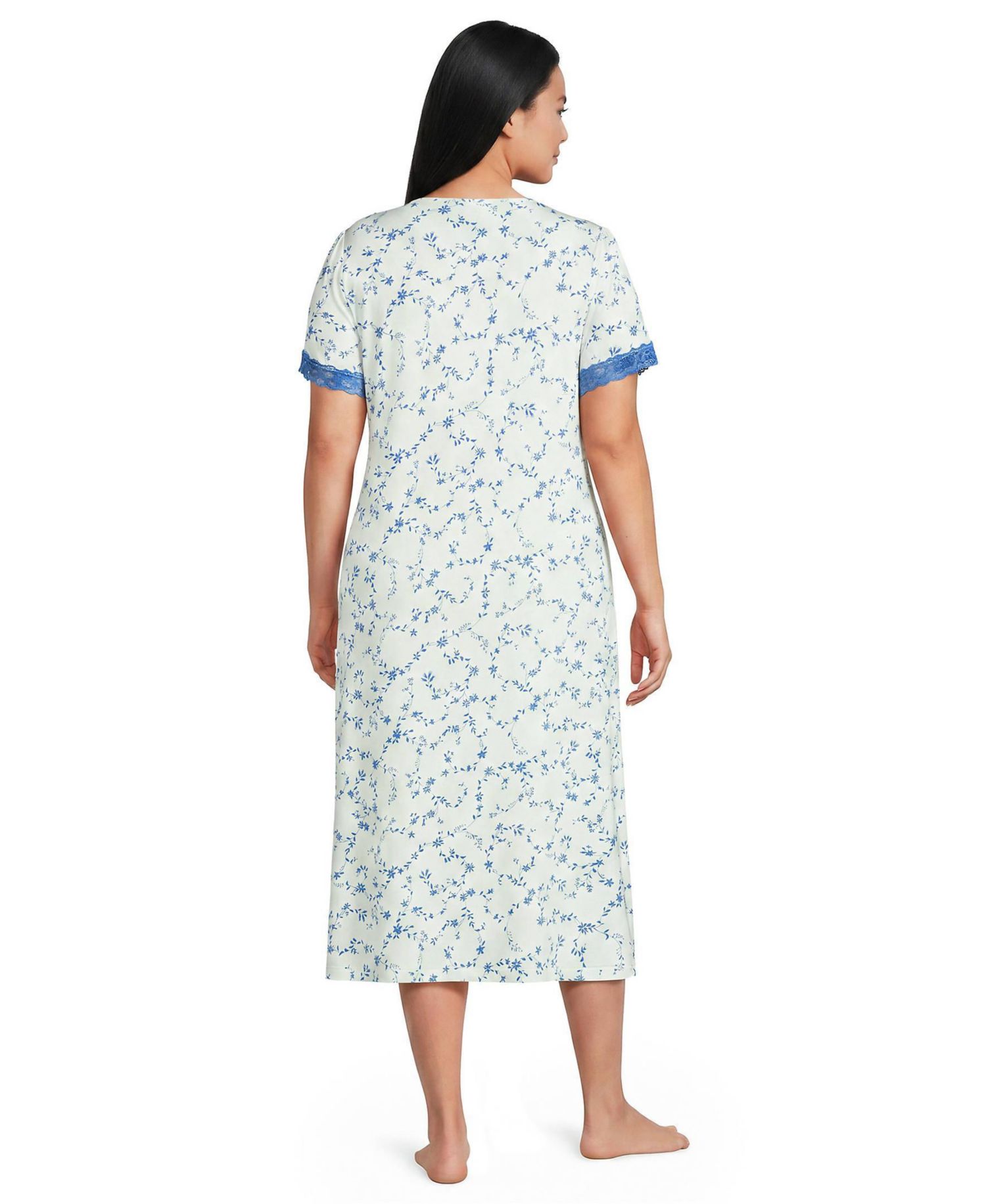 Plus Size Cooling Floral Mid-Calf Short-Sleeve Scoop Neck Nightgown