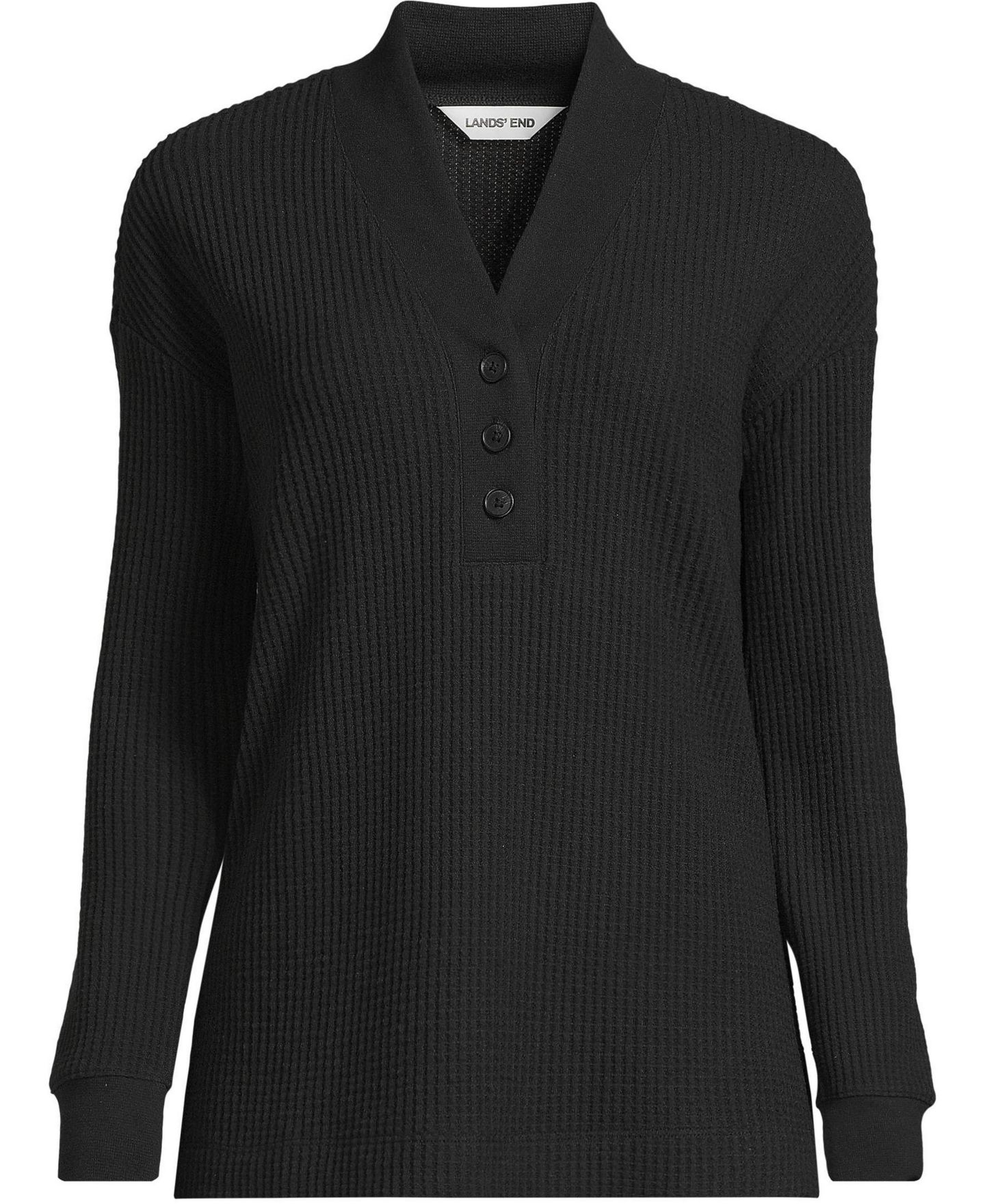 Женский топ Lands' End Plus Size Long Sleeve Waffle Shawl Collar Henley, цвет: Чёрный — фото 1