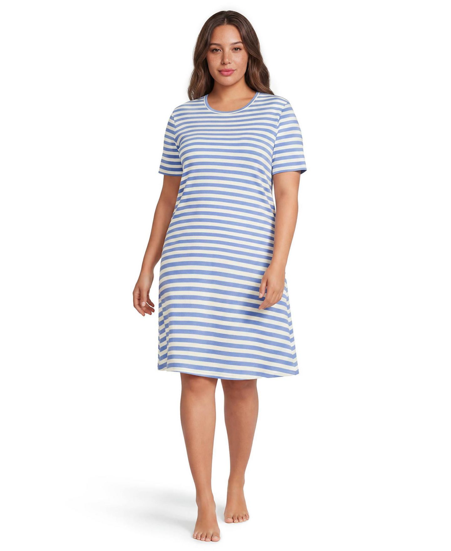 Женские платья Lands' End Plus Size Cotton Interlock Short Sleeve Knee Length Gown, цвет: Прозрачный синий небесно-голубой полосатый — фото 2