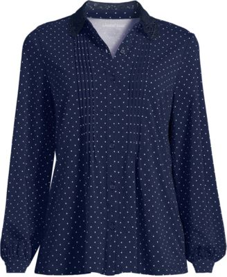 Plus Size Cotton Pintuck Lace Trim Collar Long-Sleeve Blouse