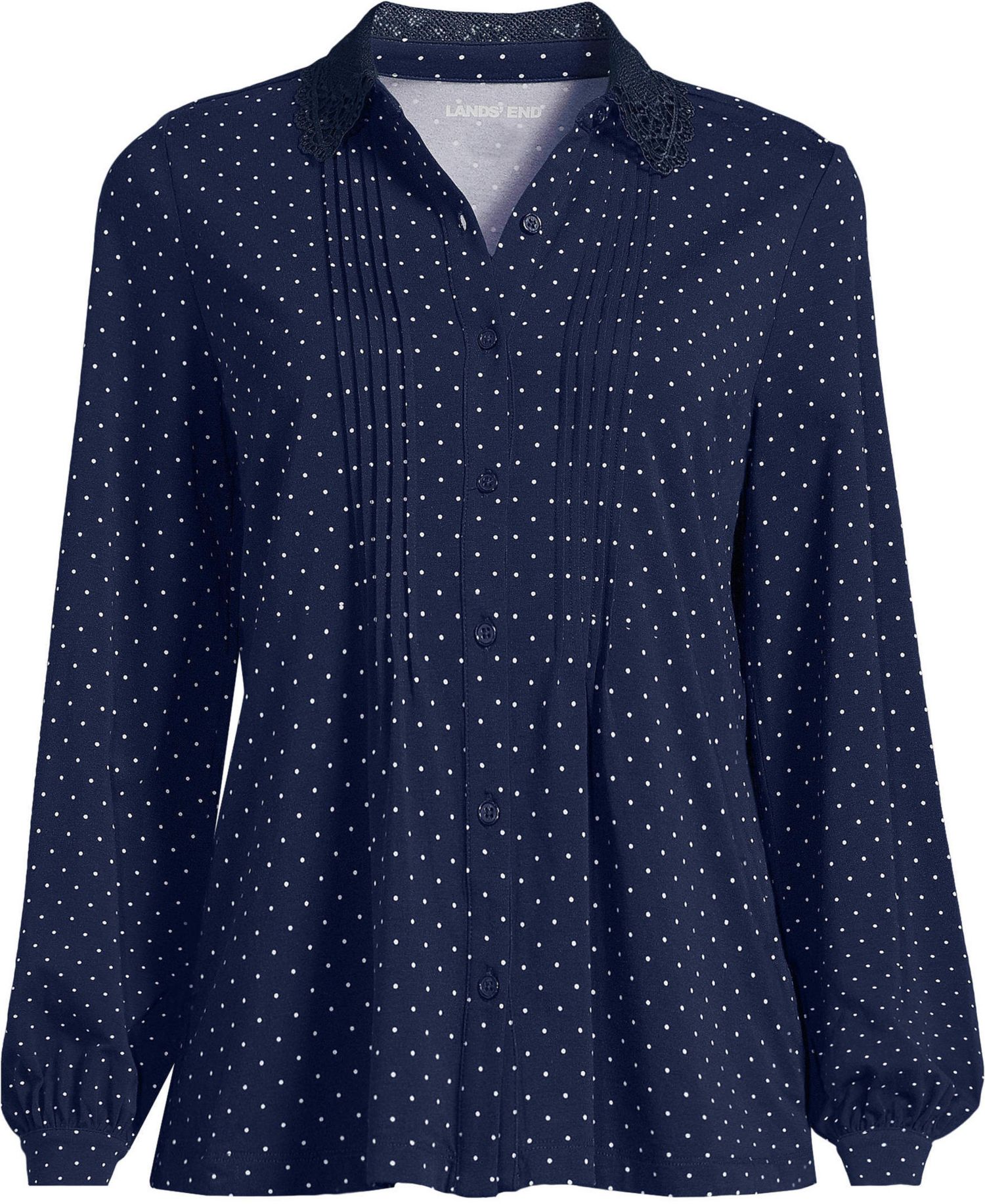 Plus Size Cotton Pintuck Lace Trim Collar Long-Sleeve Blouse