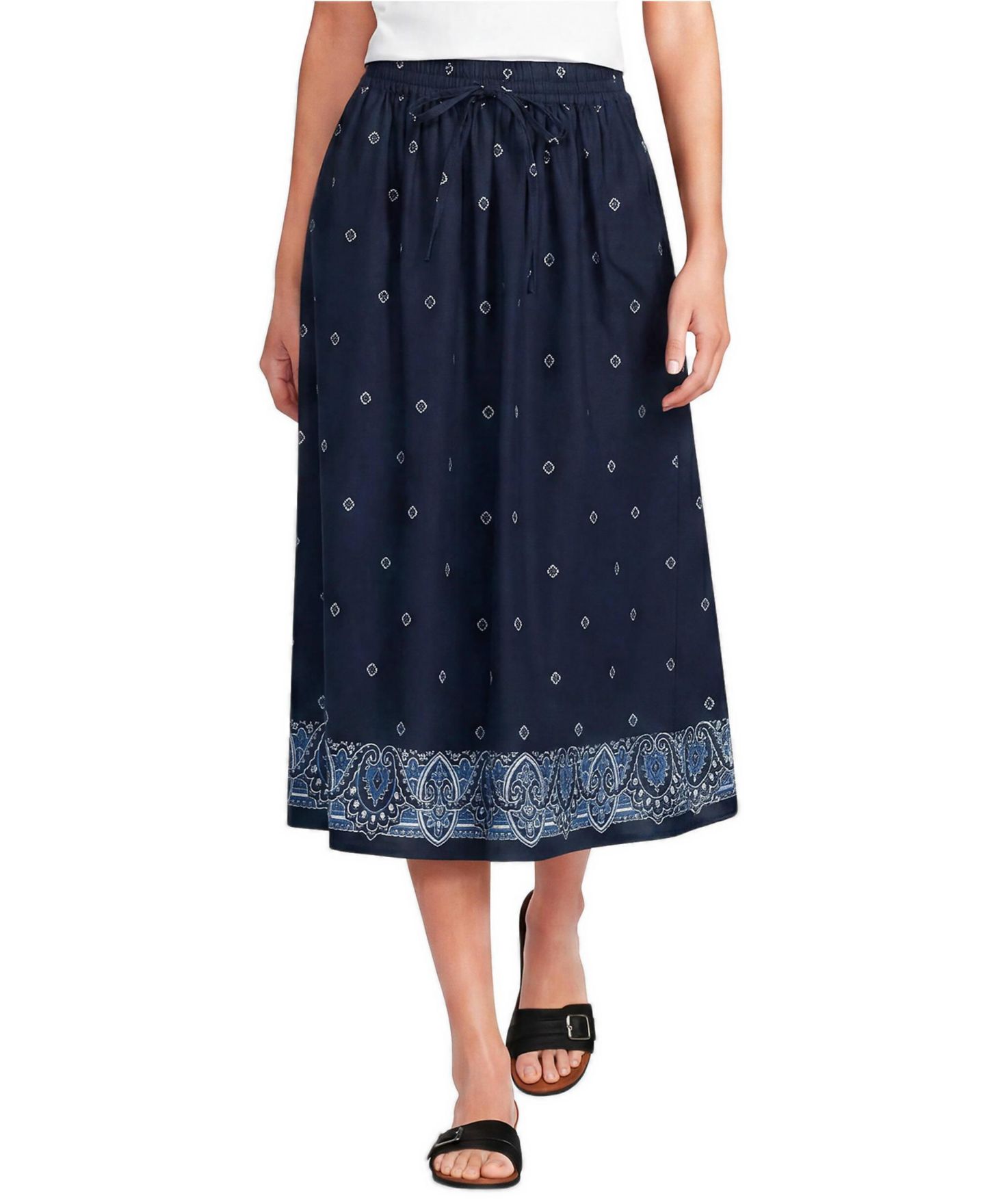 Женская юбка Lands' End Poplin Pull On Midi, цвет: Тёмно-синий с принтом — фото 2